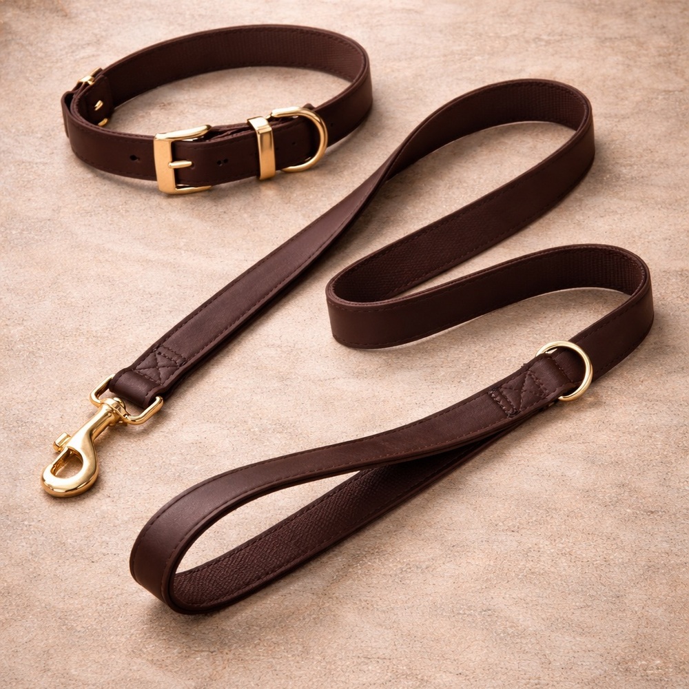 Luxury Brown Faux Leather Dog Collar & Leash Set – Gold Hardware